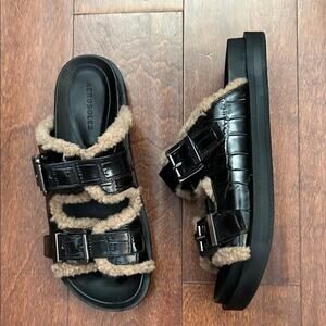 AEROSOLES Olivia Black Leather Buckle Slides with Brown Faux Fur, Size 8